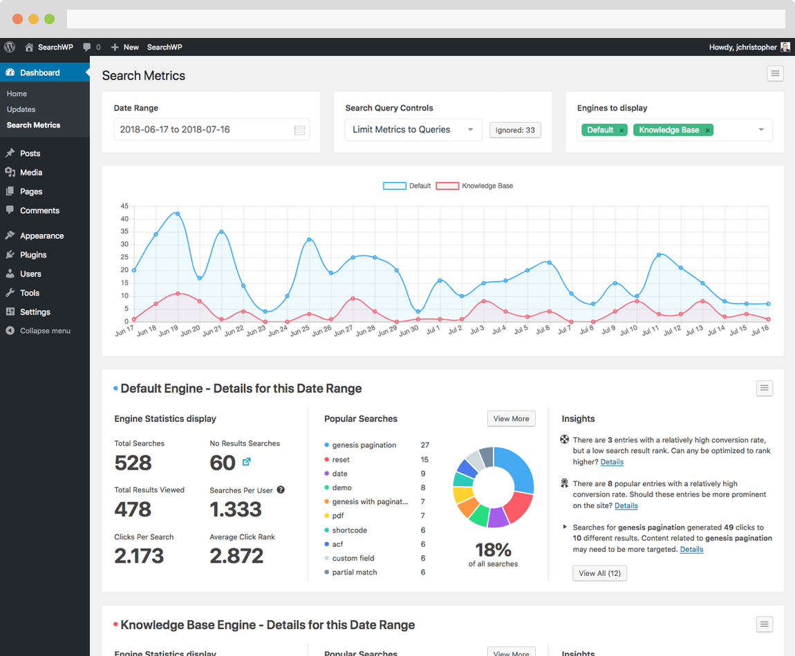 Screenshot of SearchWP Metrics main interface