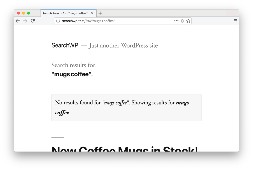 Screenshot of SearchWP's search correction when styled