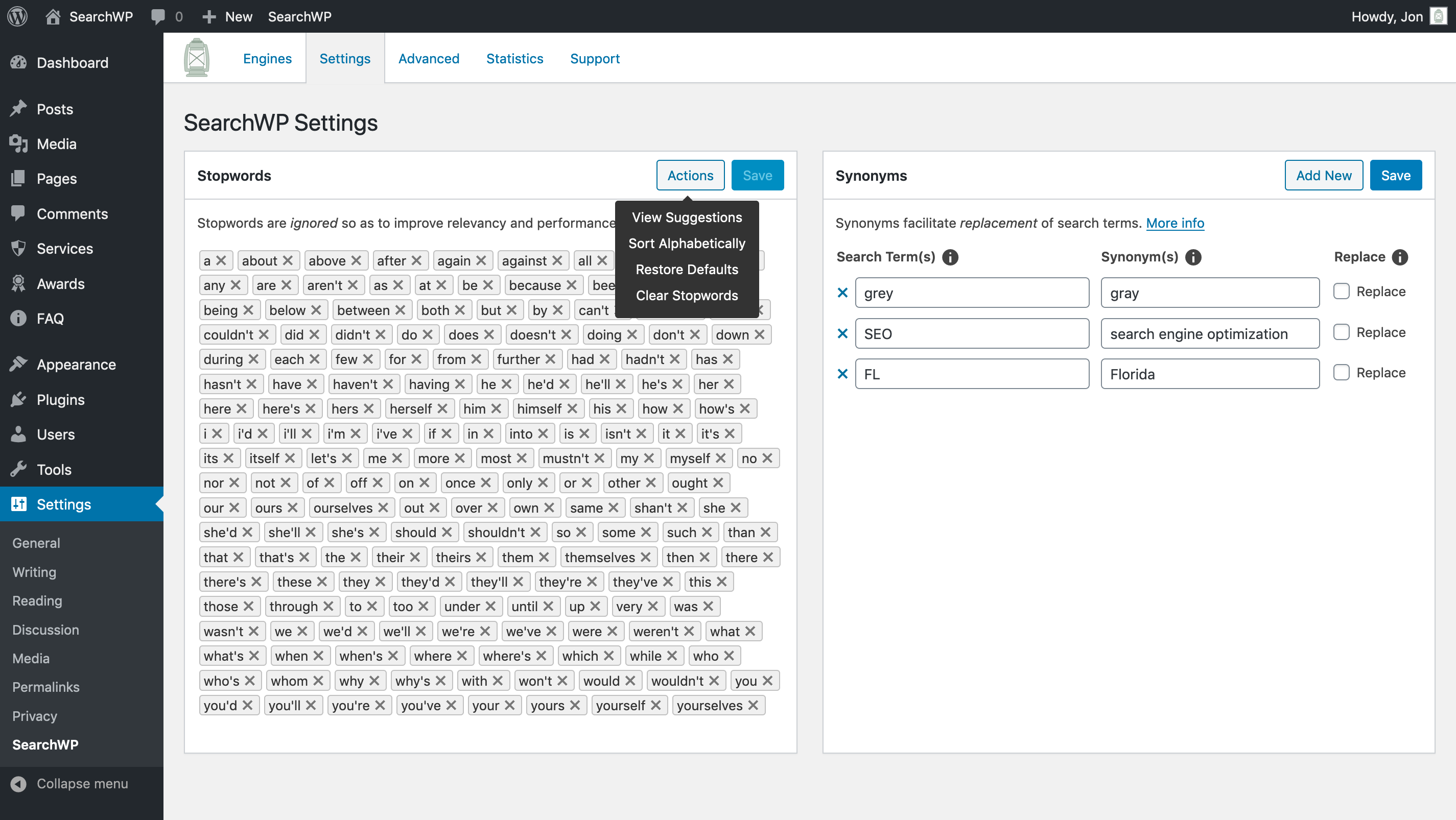 Screenshot of SearchWP's Stopwords and Synonyms UI