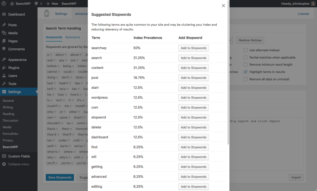 Screenshot of suggested stopwords in SearchWP