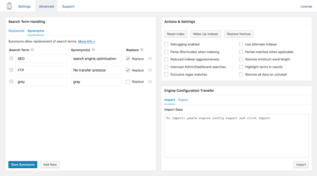 Screenshot of synonym handling in SearchWP