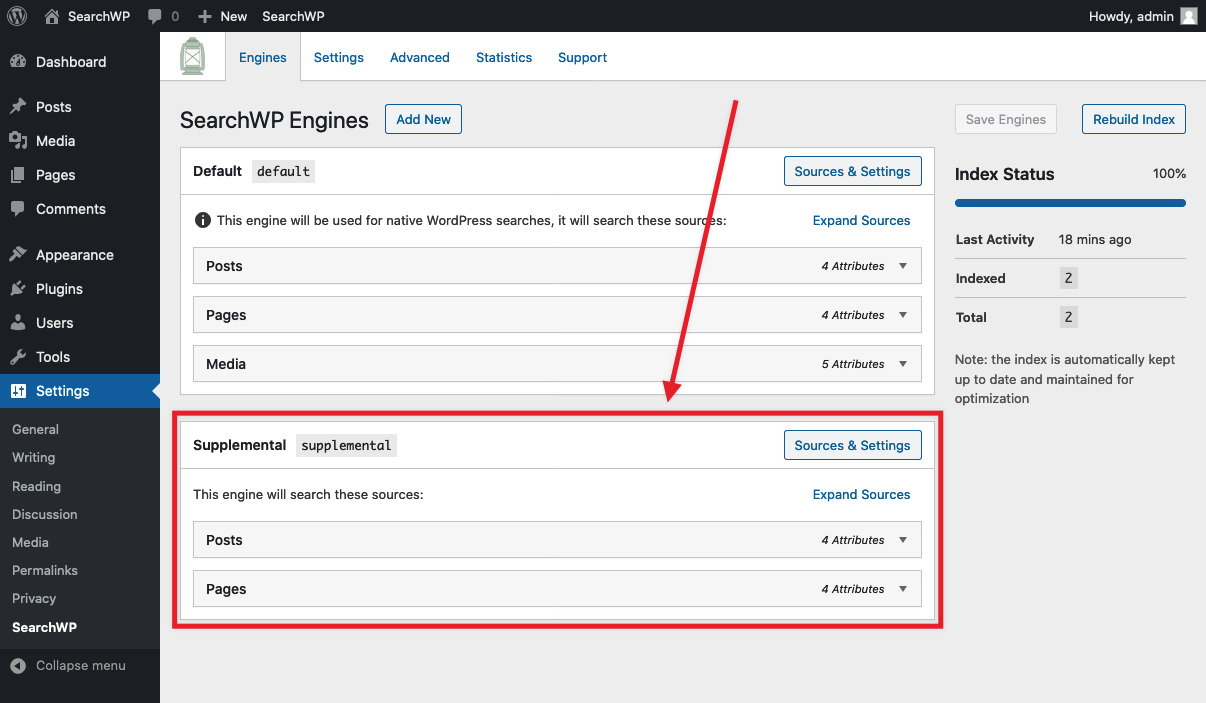 Screenshot of SearchWP Engines tab
