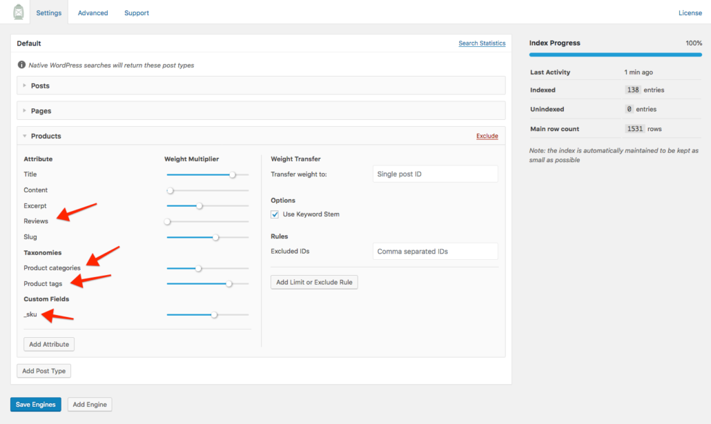 Screenshot of WooCommerce Product configuration in SearchWP