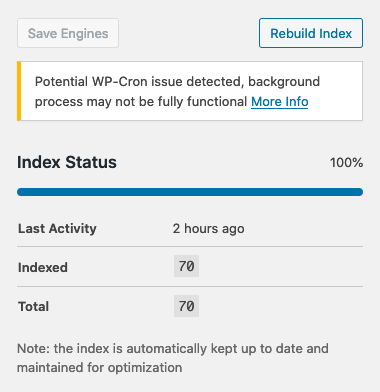 Screenshot of WP-Cron notice on SearchWP settings screen