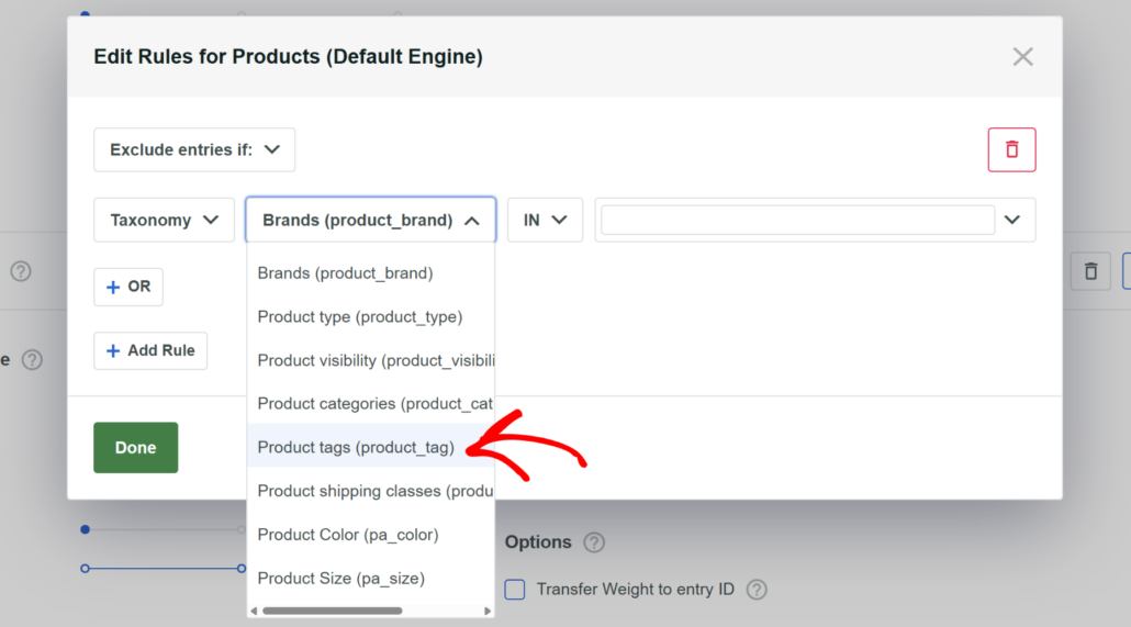 Select product tags to exclude