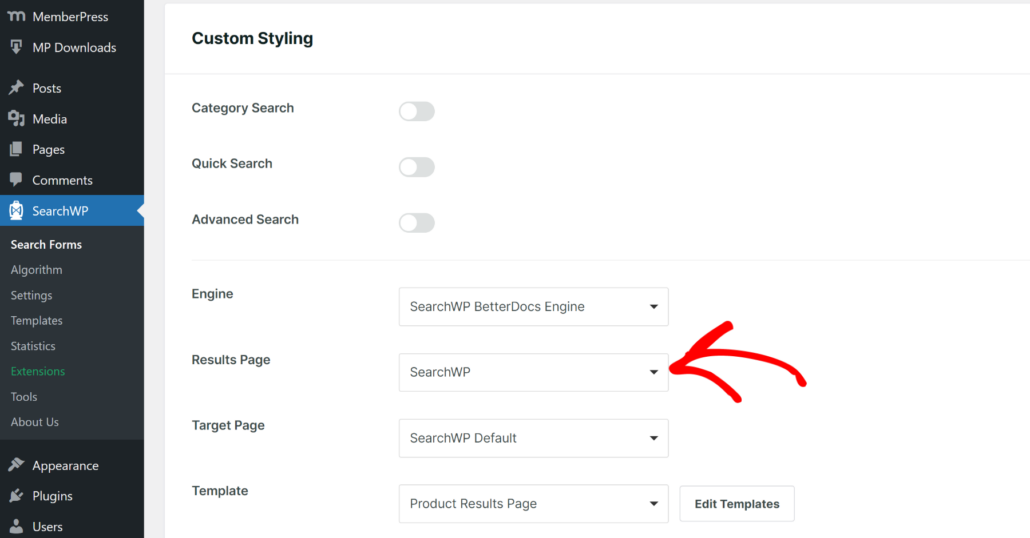 Select search template for your form