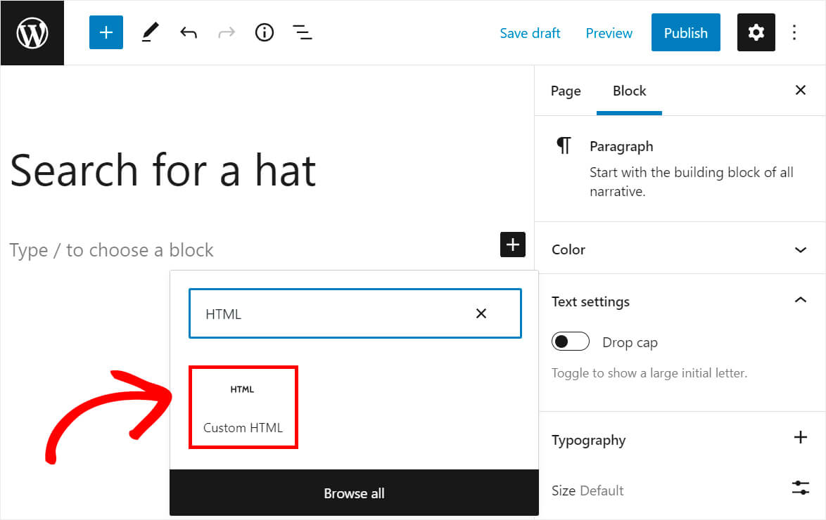 select the custom html block