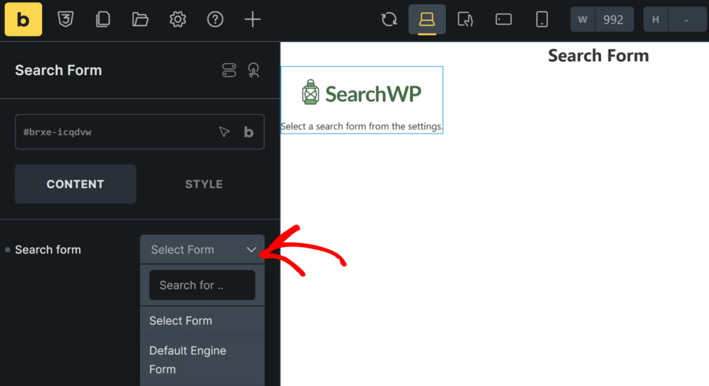 Select your search form for bricks
