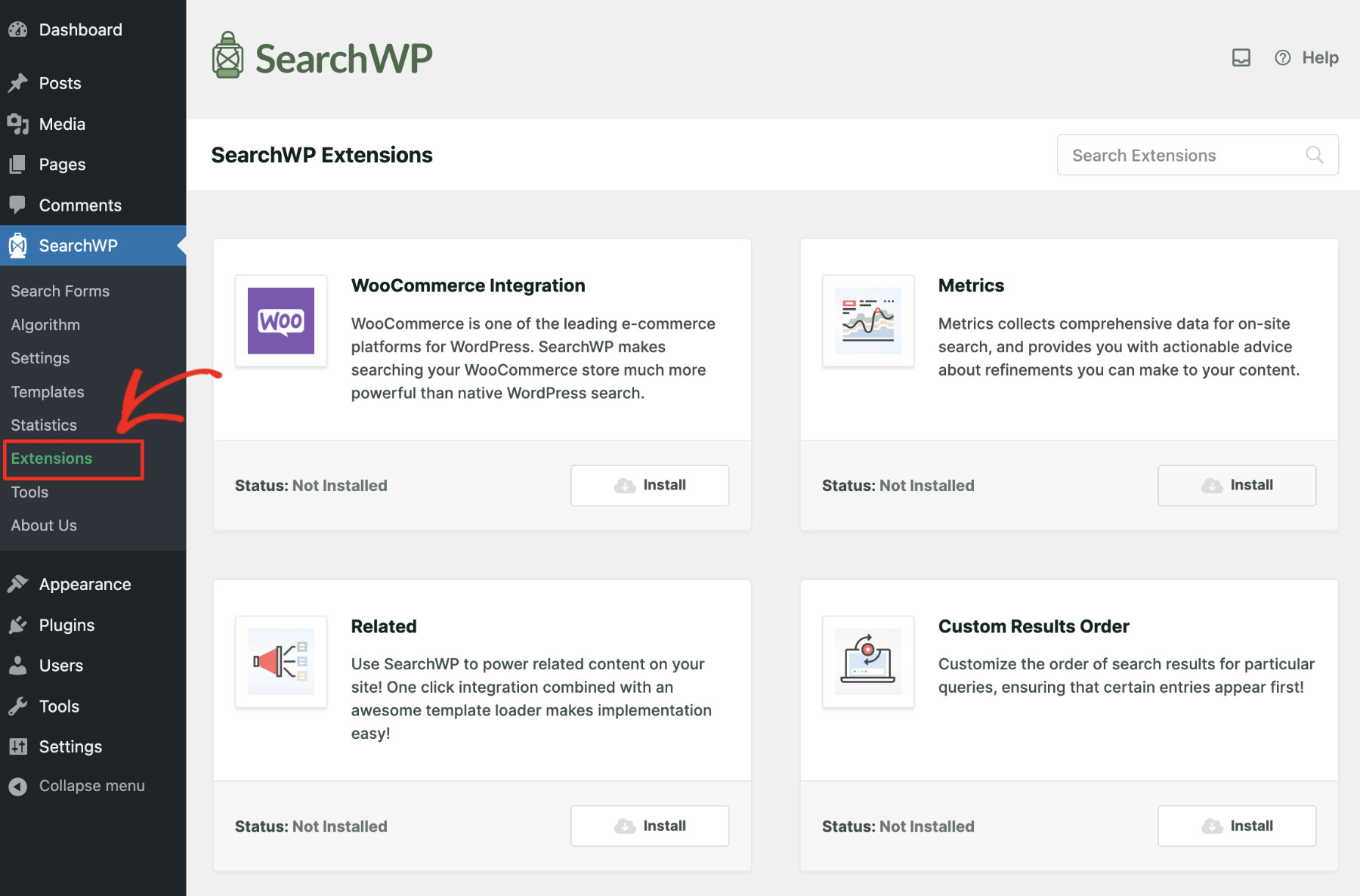 How to See Search Metrics in WordPress: Install SearchWP Metrics Extension: Step 1