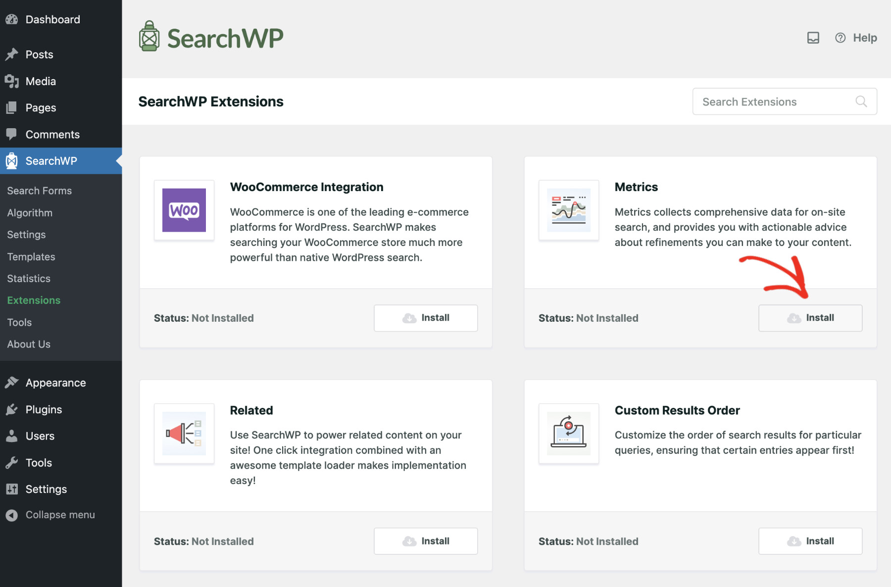 How to See Search Metrics in WordPress: Install SearchWP Metrics Extension: Step 2