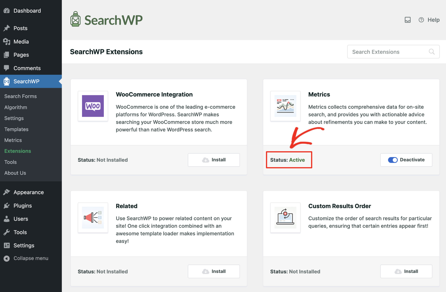 How to See Search Metrics in WordPress: Install SearchWP Metrics Extension: Step 3