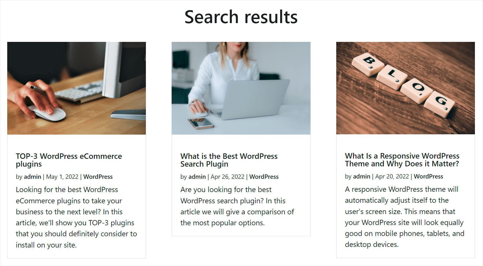 the search results on our test site