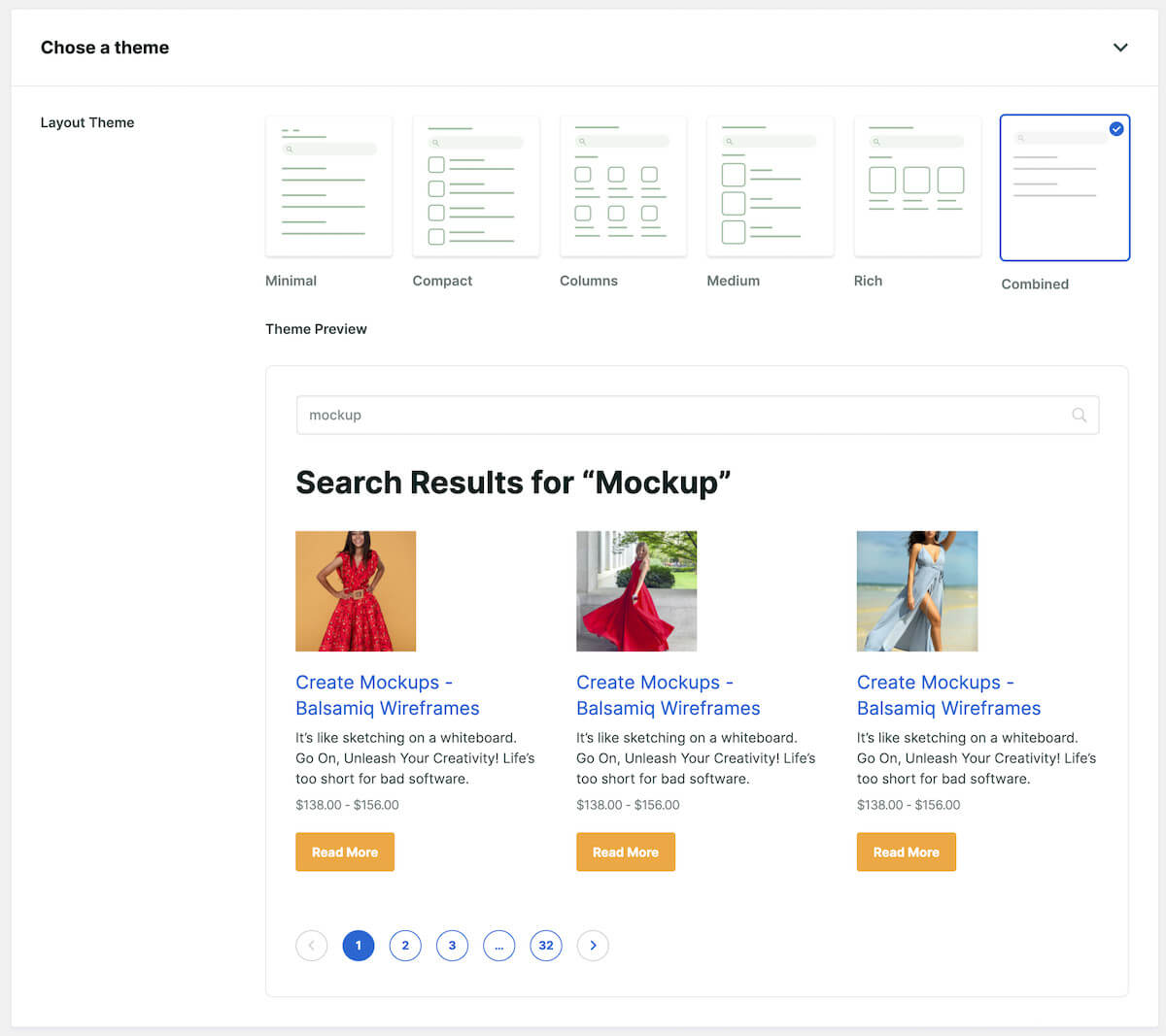 pre-designed theme layouts for search results page